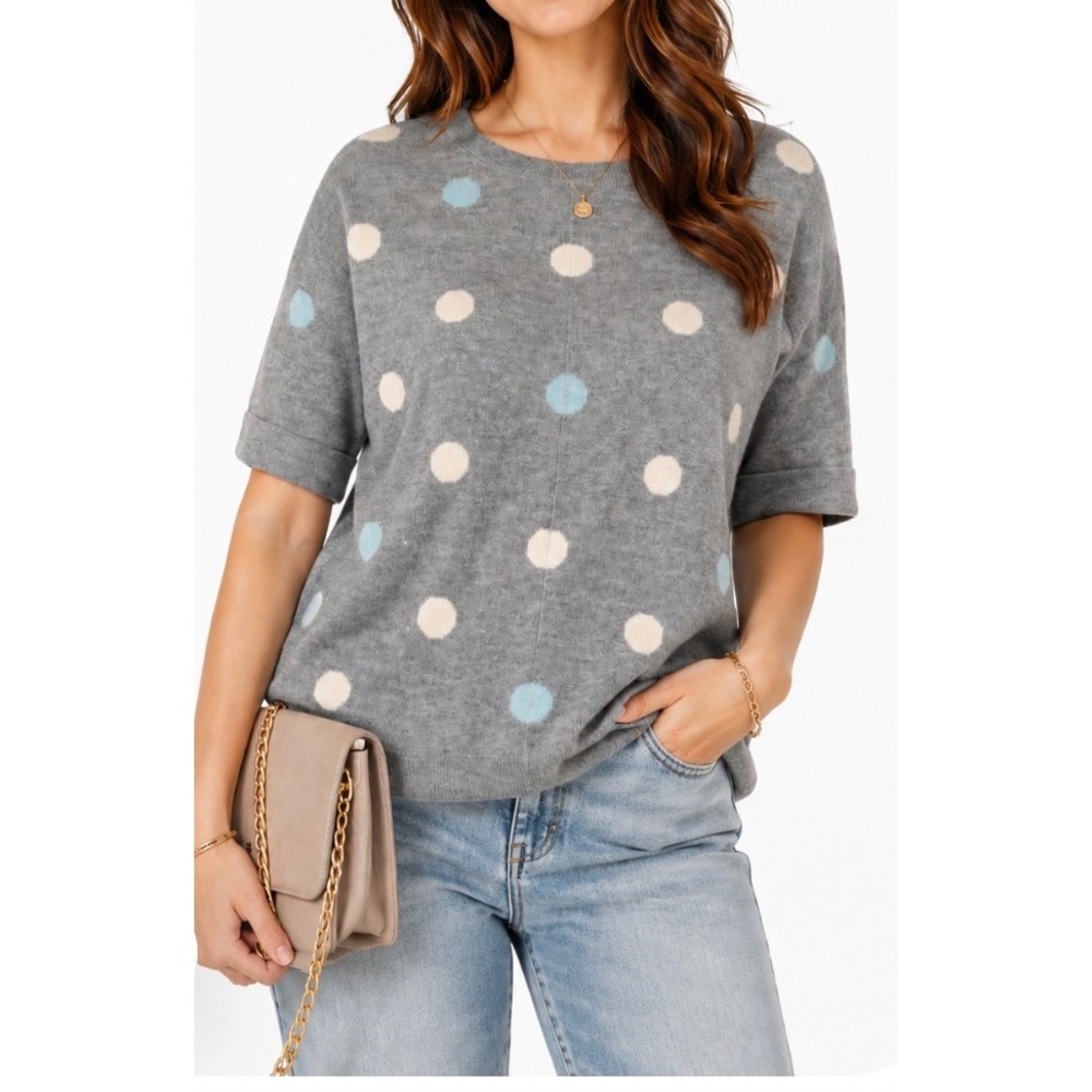 Garnet Hill Gray Cashmere Polka Dot Short Sleeve Sweater Luxury Lightweight XL